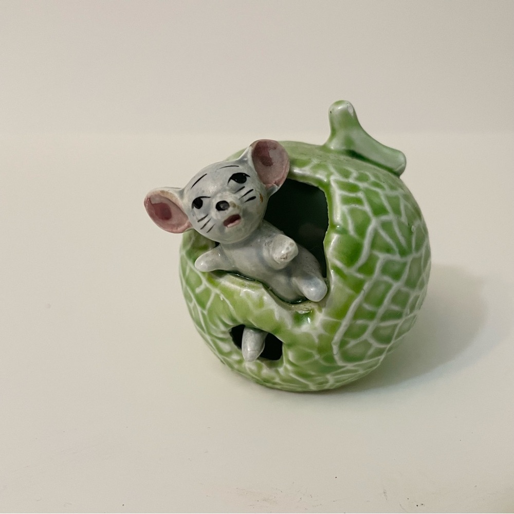 Vintage Ceramic Anthropomorphic Mouse in Apple Melon Toothpicks Holder